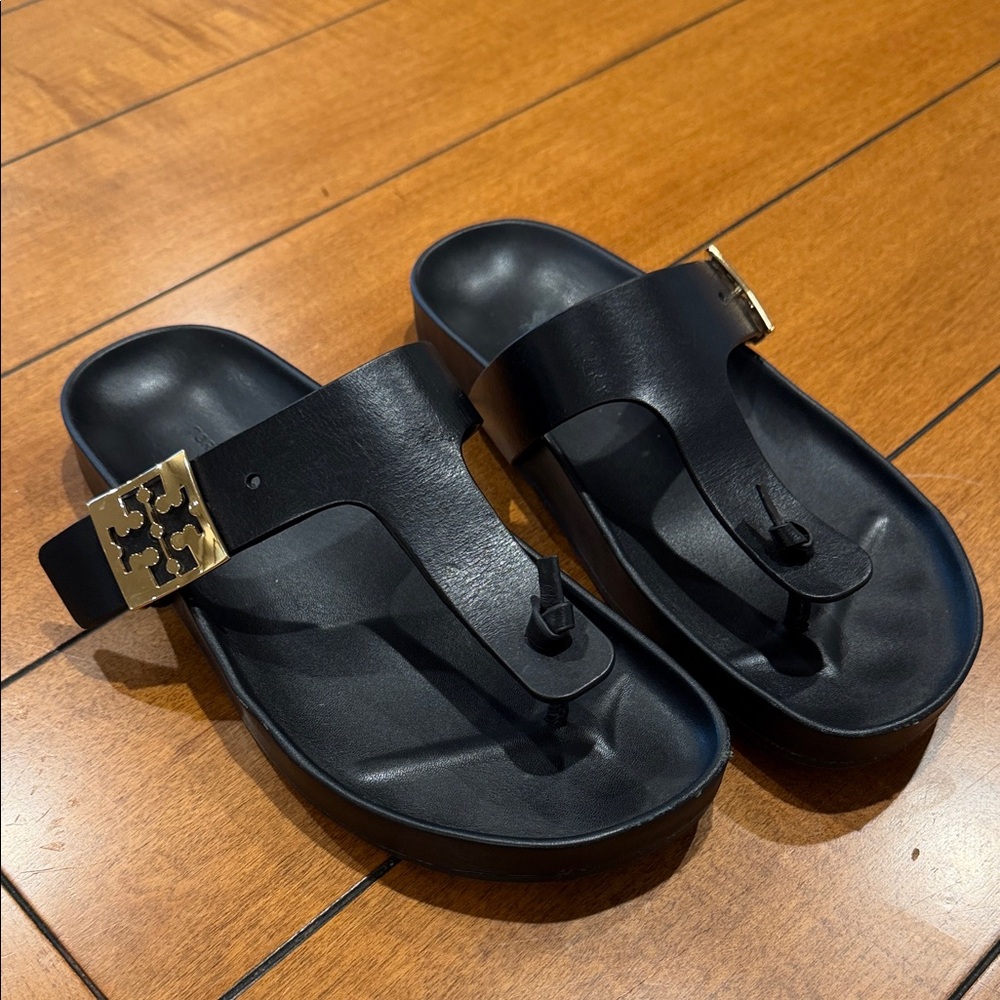 Tory Burch Black Sandals with Gold Detail